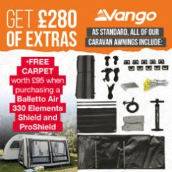 Vango Balletto Air 330 Elements ProShield Caravan Awning WIth Free Carpet -Vango || Kampa || Outwell Shop Balletto Air 330 Elements Shield Proshield Web Banner 250x250px